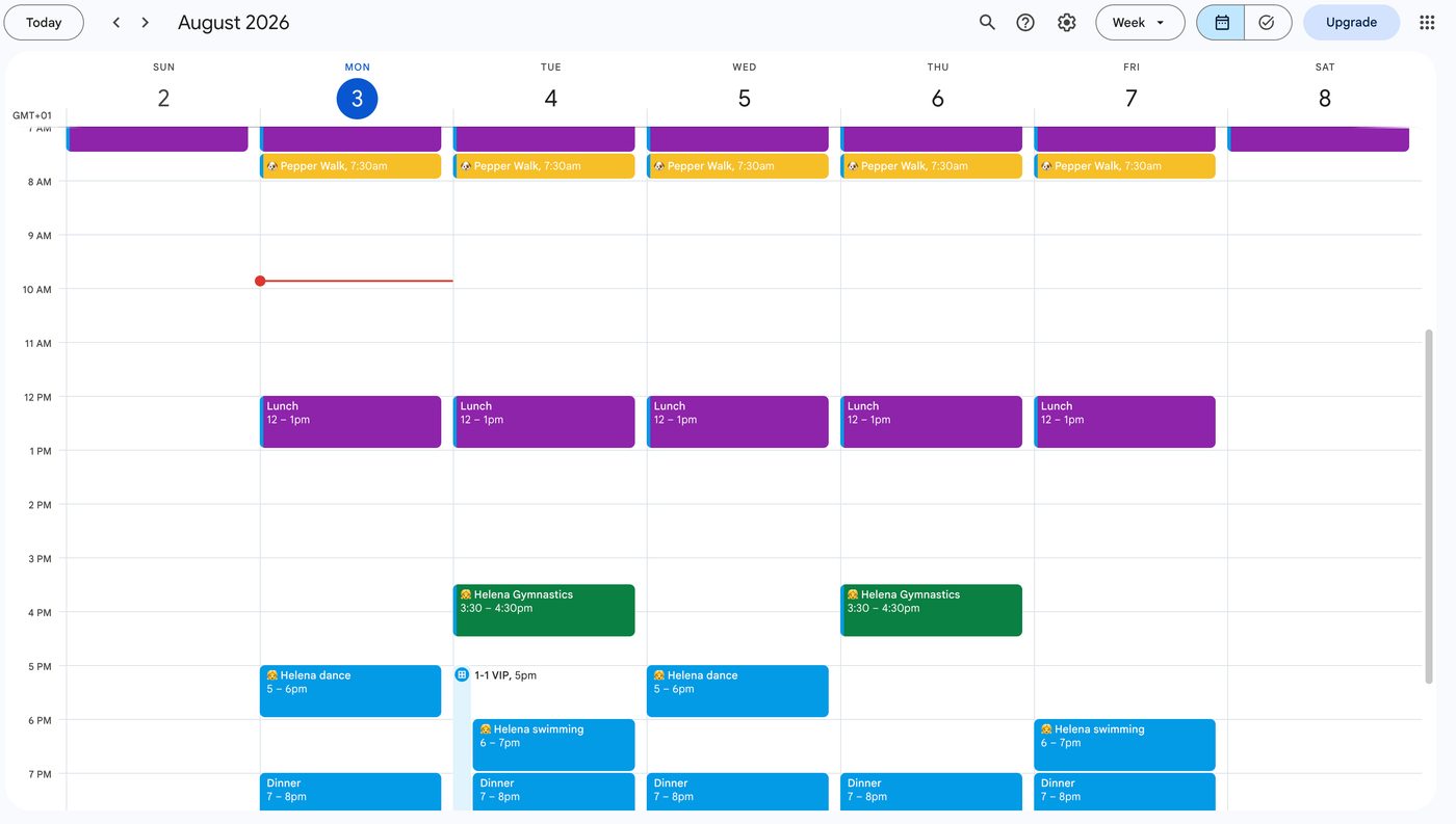 My Google Calendar for the first week of August: no sales calls, only lunch, the kids’ activities and dinner