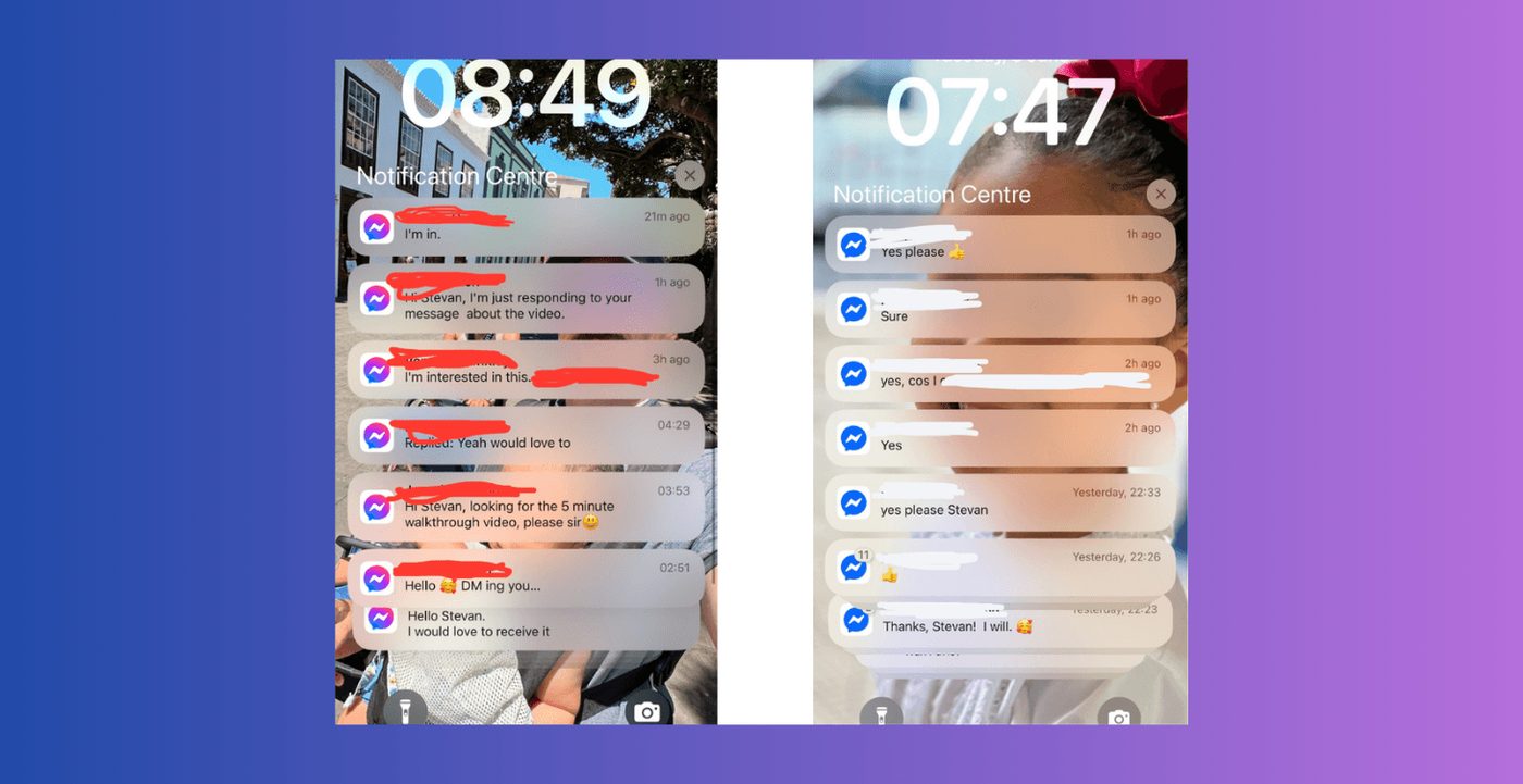 Two phone lock screens stacked with Messenger replies: yes please, sure, yes cos of, thanks Stevan I will