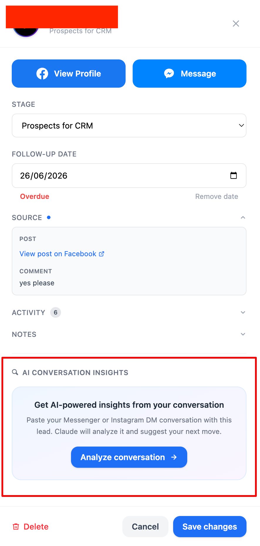 A Pipestack lead record: the Facebook comment that started it, the follow-up date, and the AI conversation insights card